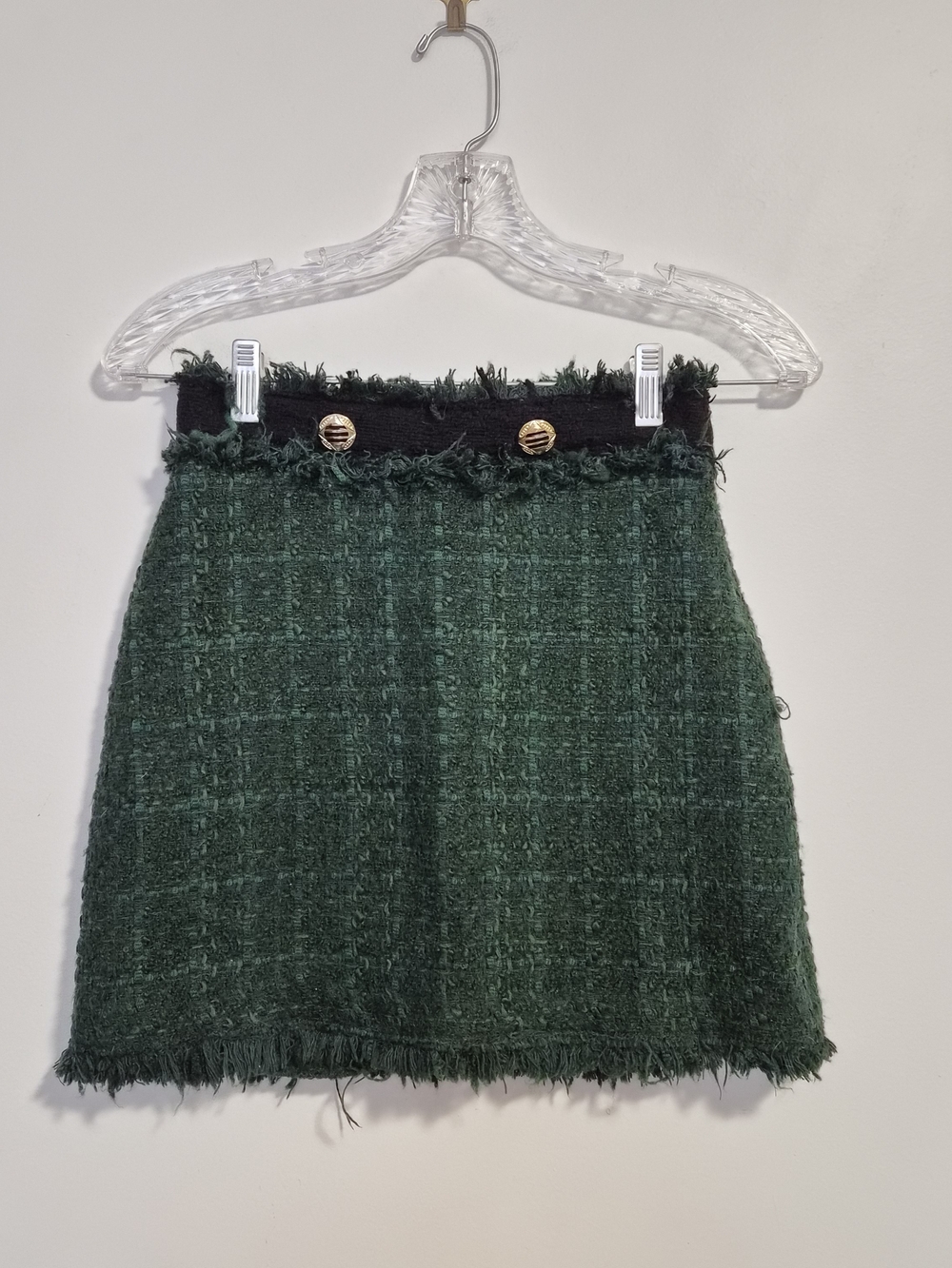 Zara Dark Green Tweed Mini Skirt with Gold Buttons